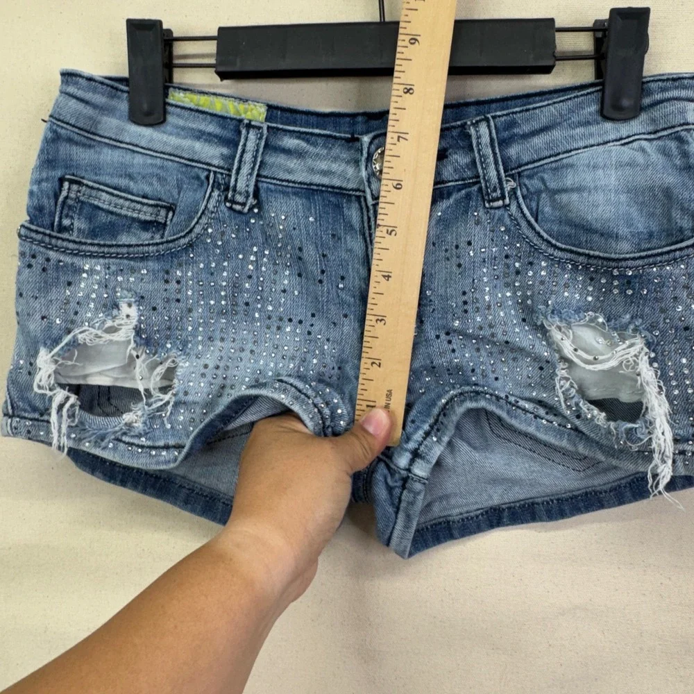 Machine Jeans Denim‎ Shorts Size 26 Blue Rhinestone Distressed Y2K McBling
